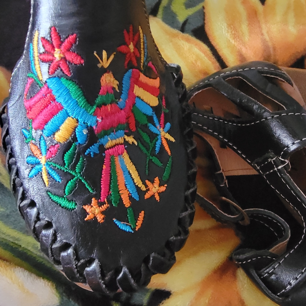 Black Embroidered Leather Women’s Sandals